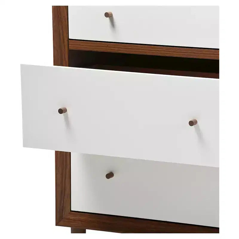 Commode de rangement moderne en bois de style Mid-Century à 6 tiroirs Blanc/Noyer