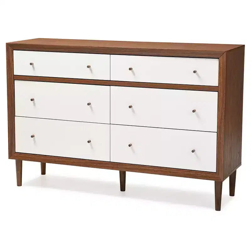 Commode de rangement moderne en bois de style Mid-Century à 6 tiroirs Blanc/Noyer