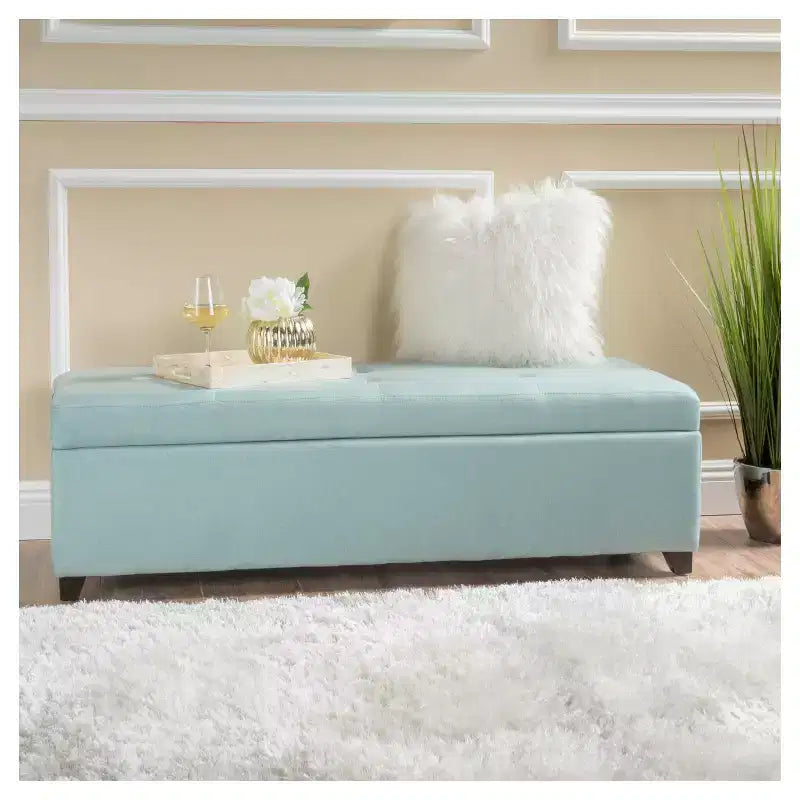 Banc pouf de rangement en tissu - Bleu clair avec couvercle capitonné