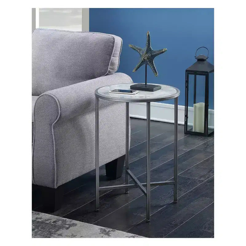 Table d'appoint ronde en faux marbre/argent