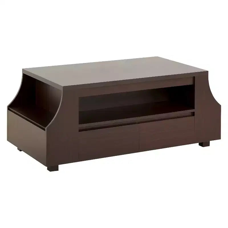 Carmona Contemporary Multi-Storage Coffee Table with Side Shelves Walnut - HOMES: Inside + Out: Curved Paneling, Hidden Drawers