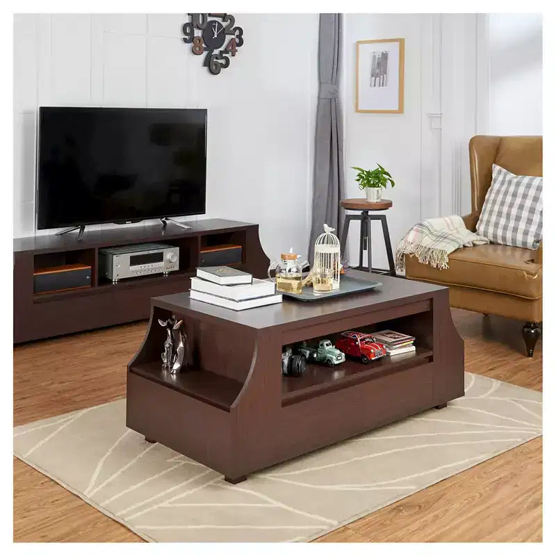 Table basse contemporaine multi-rangements avec étagères latérales Noyer