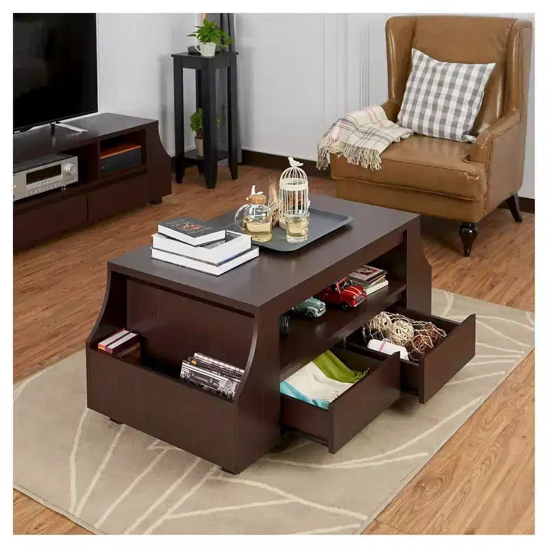 Table basse contemporaine multi-rangements avec étagères latérales Noyer