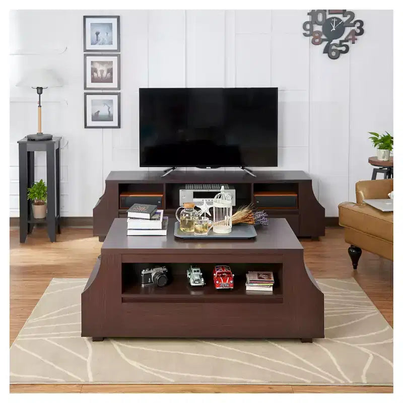 Table basse contemporaine multi-rangements avec étagères latérales Noyer