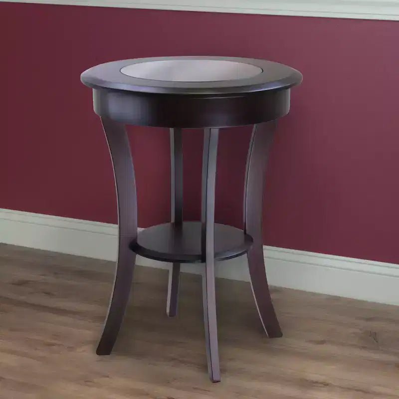 Guéridon d'appoint avec pieds évasés en verre, étagère en bois composite
