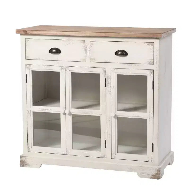 Armoire Shabby Chic 3 Portes/2 Tiroirs Vitrée Blanc Antique/Naturel