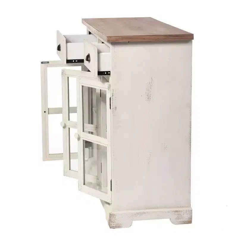 Armoire Shabby Chic 3 Portes/2 Tiroirs Vitrée Blanc Antique/Naturel