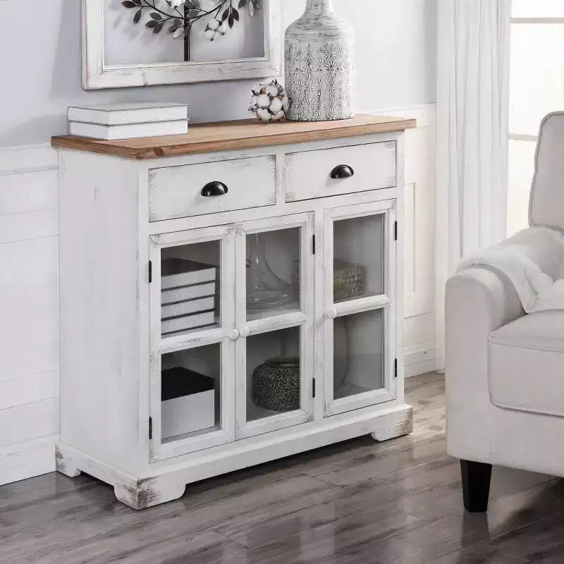 Armoire Shabby Chic 3 Portes/2 Tiroirs Vitrée Blanc Antique/Naturel