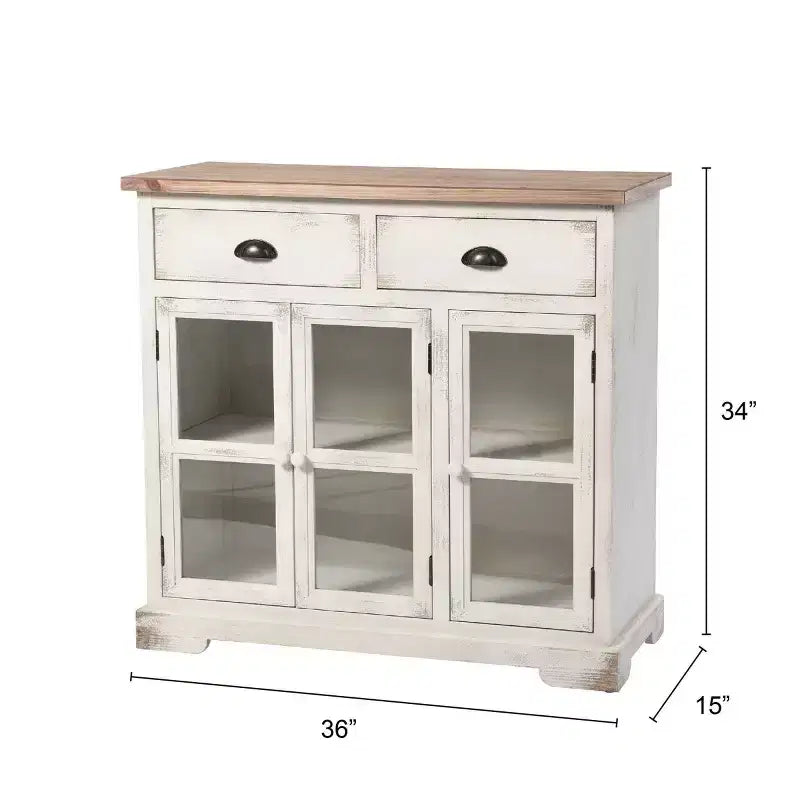 Armoire Shabby Chic 3 Portes/2 Tiroirs Vitrée Blanc Antique/Naturel