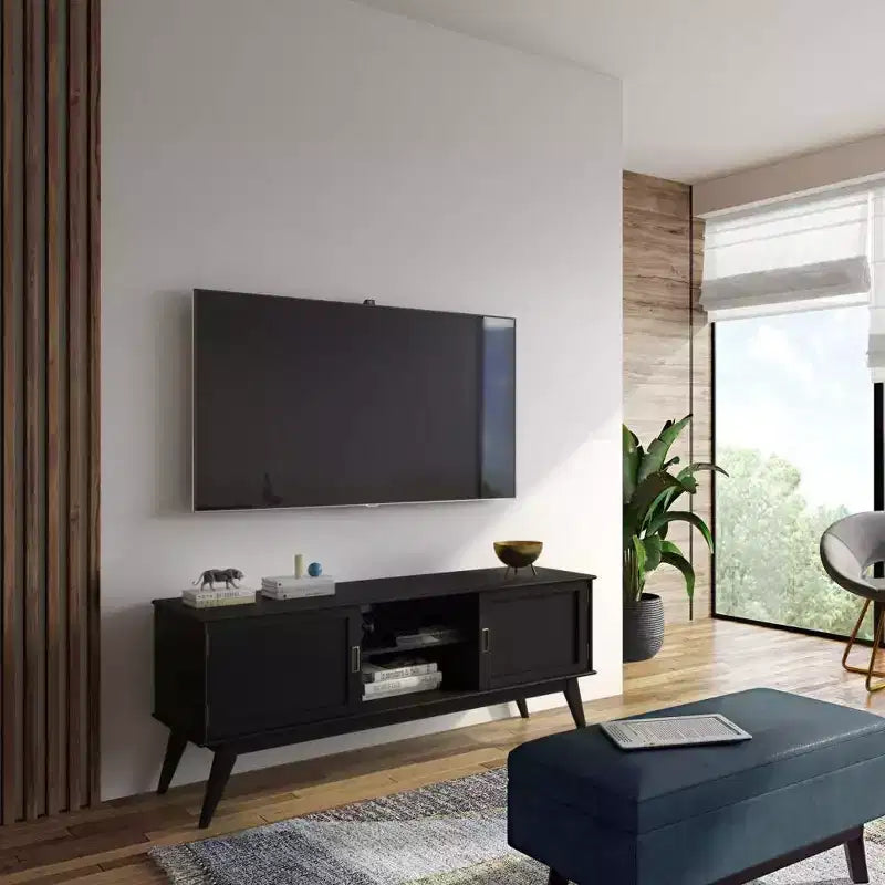 Meuble TV mi-siècle en bois massif pour téléviseurs jusqu'à 66