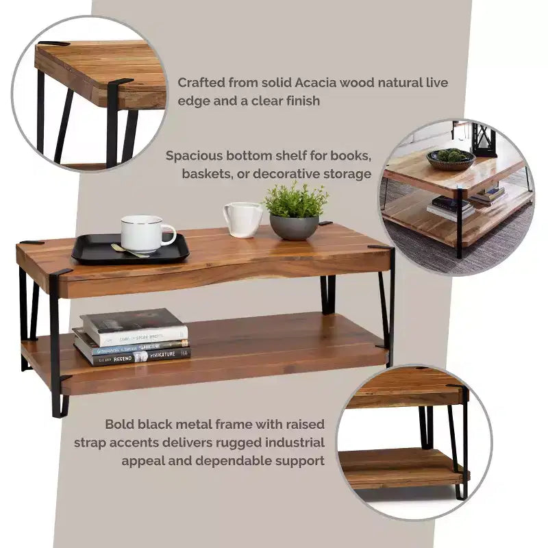 Table basse en bois massif Live Edge en métal et bois