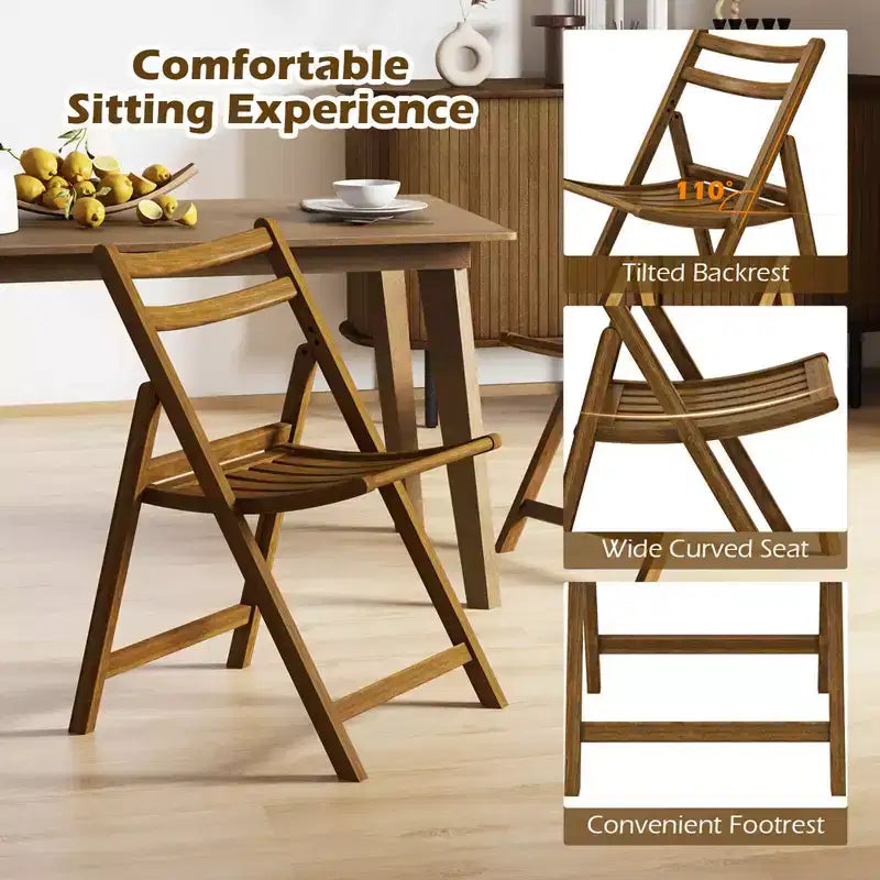 Chaise de salle à manger pliante avec cadre en bois d'hévéa, assise à lattes et dossier incurvé