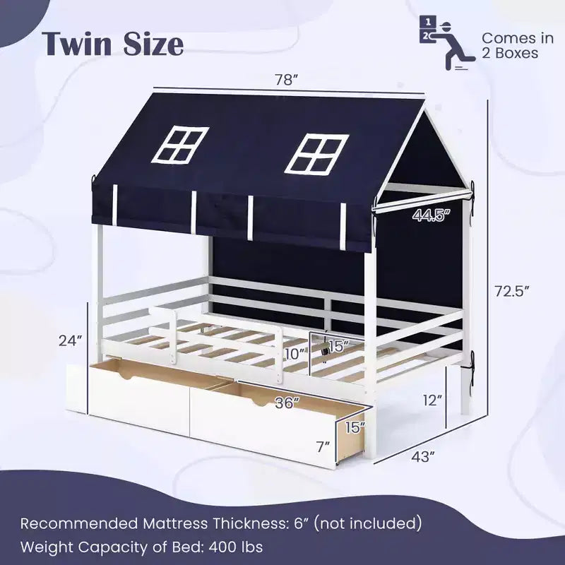 Lit cabane jumeau en bois massif Lit mezzanine bas avec tente 2 tiroirs de rangement