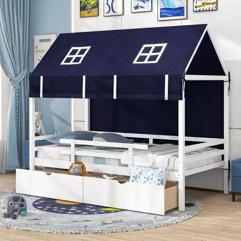 Lit cabane jumeau en bois massif Lit mezzanine bas avec tente 2 tiroirs de rangement